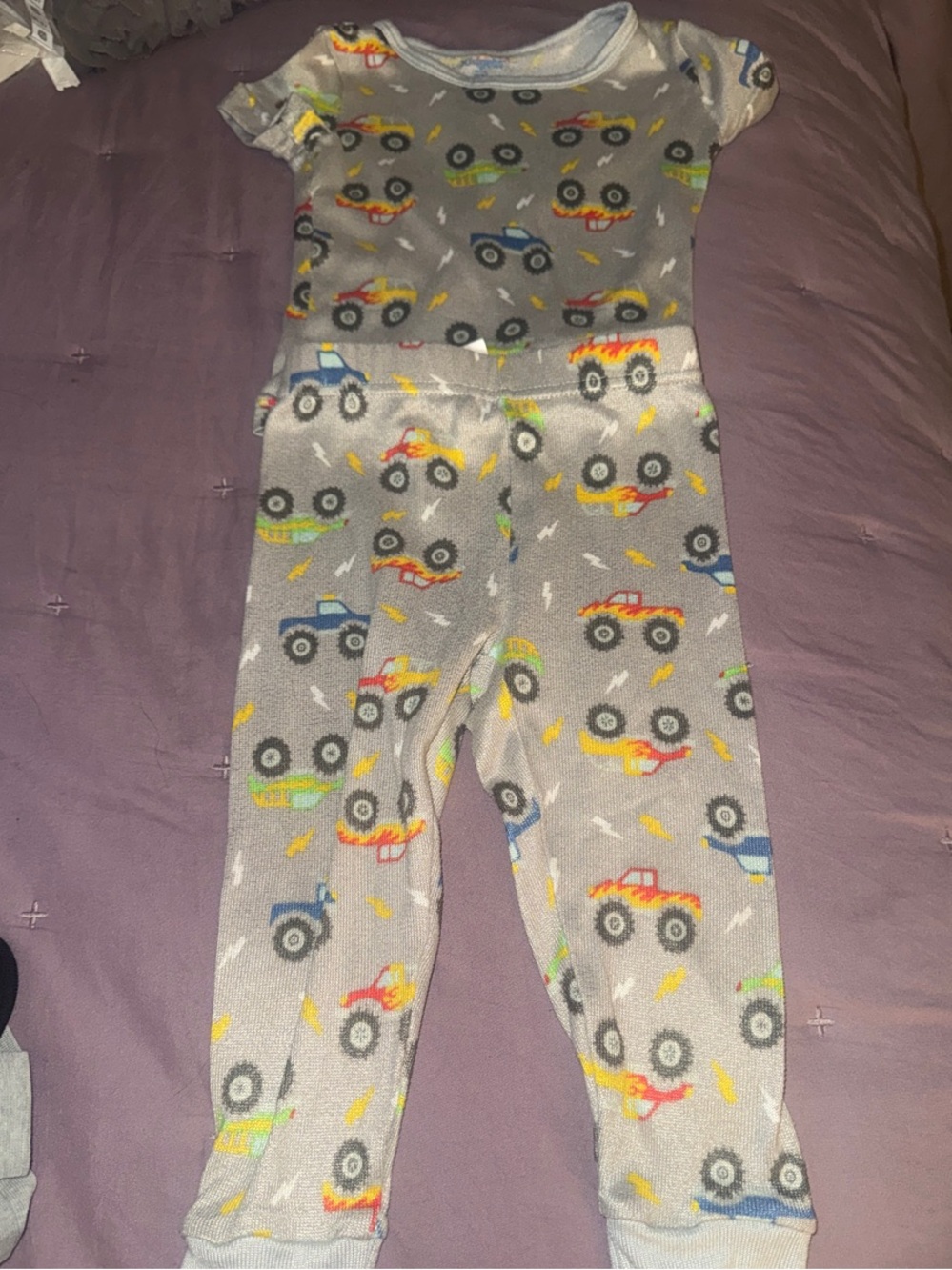 Kidgets Gray Pajama Set with Blue, Red, Yellow and Green Truck Accents